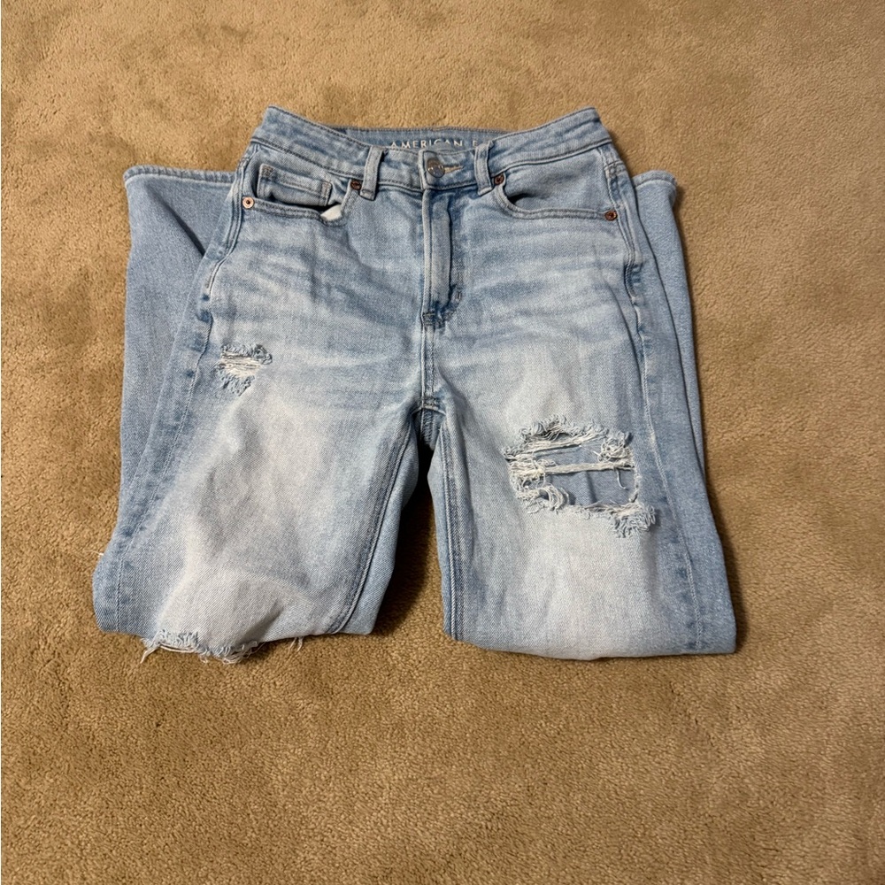 AE Distressed Light Blue Mom Straight Jeans